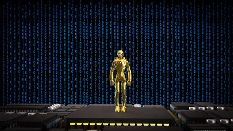 Golden Humanoid Robot On Digital Data Stage 3d render. 스톡 일러스트