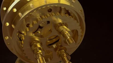 Golden Industrial Gears Powering Advanced Mechanical Technology 3d render. Stock Photos