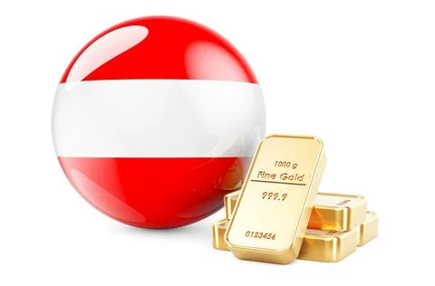 Golden ingots with Austrian flag. Foreign-exchange reserves of Austria concep Stock Illustration