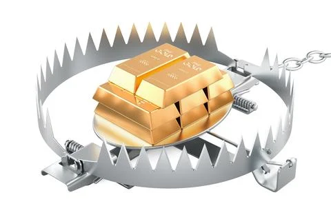 Golden ingots inside bear trap. 3D rendering Stock Illustration