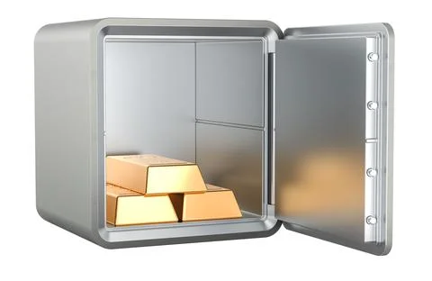 Golden Ingots inside safe with combination lock, 3D rendering Stock Illustration