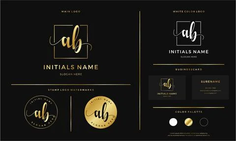Golden Initial AB letter A B handwriting logo design line square Stock Illustration