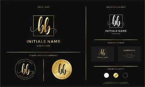Golden Initial BB letter B handwriting logo design line square Stock Illustration