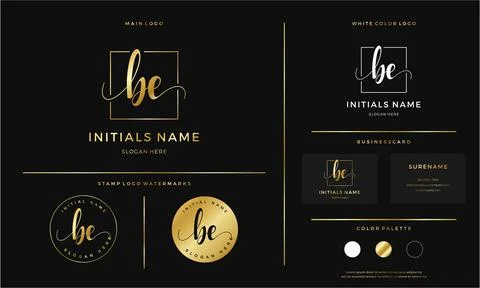 Golden Initial BE letter B E handwriting logo design line square Stock Illustration