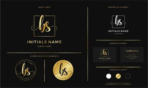 Golden Initial BS letter B S handwriting logo design line square Stock Illustration