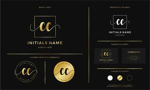 Golden Initial CC letter C handwriting logo design line square Stock Illustration