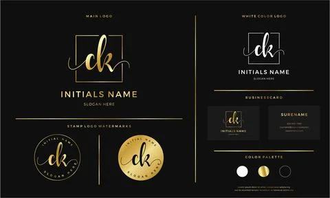 Golden Initial CK letter C K handwriting logo design line square Stock Illustration