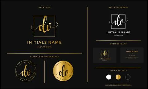 Golden Initial DV letter D V handwriting logo design line square Stock Illustration