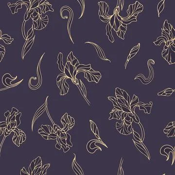 Golden iris buds with leaves. Vector vintage illustration in hand drawn style Stock Illustration