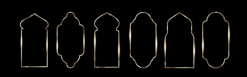 Golden islamic window frames set isolated on black Stock Illustration