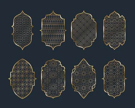 Golden islamic window frames set isolated on black Stock Illustration