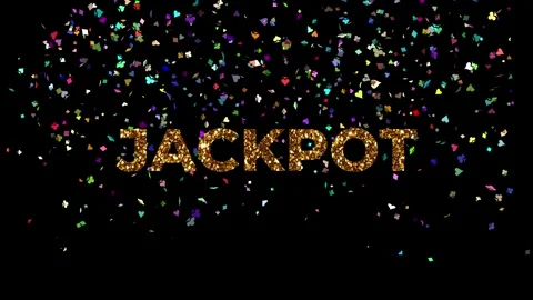 Golden JACKPOT text with many confetti shooting at you from below on black Stock Footage 323741899
