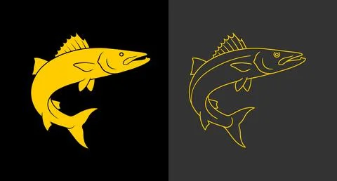 Golden jumping fish illustration in solid and outline styles with marine life Stock Illustration