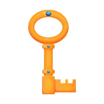 Golden key, ancient castle tool in cartoon style isolated on white background Illustrazione stock