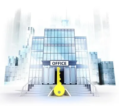 Golden key in front of office building as business city concept render Ilustración de archivo