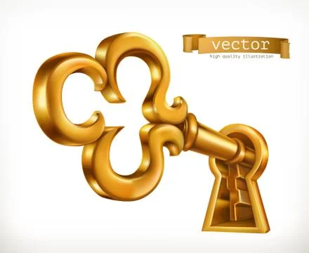 Golden key in keyhole, 3d vector icon Stock Illustration