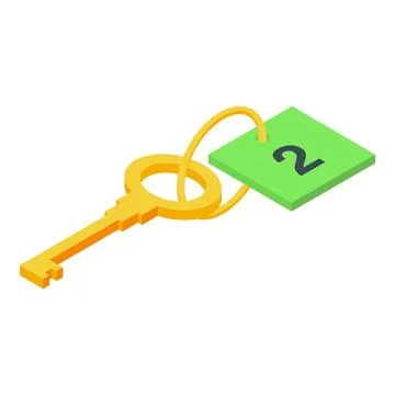 Golden key with number two label hanging, security and access control concept Illustrazione stock