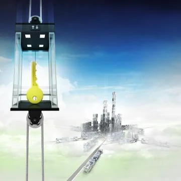 Golden key in sky space elevator concept above city illustration Illustrazione stock