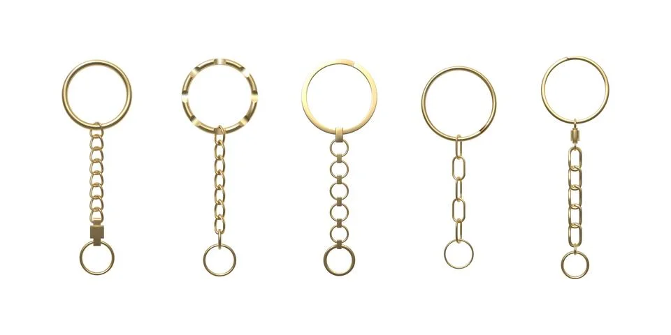 Golden keychain vector set, 3D realistic metal keychain with straight chain and 库存插图