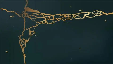 Golden kintsugi cracks pattern. Green color background. 스톡 일러스트