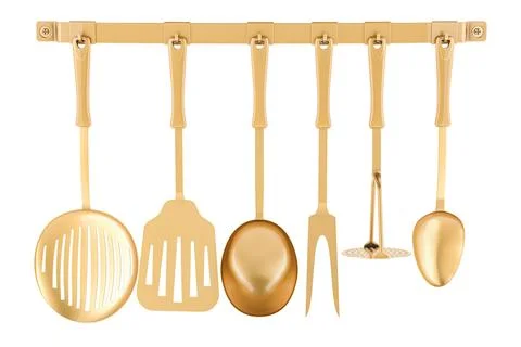 Golden kitchen utensils on a kitchen hook strip, 3D rendering Stock Illustration