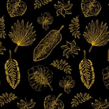 Golden leaves pattern on black background Illustrazione stock