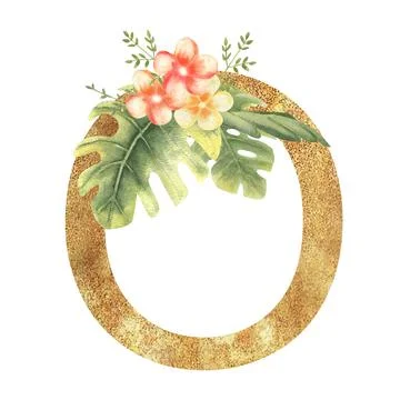 Golden letter O of the English alphabet with a watercolor bouquet of tropical Stock Illustration