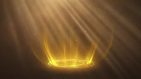 Golden light beams radiating from glowing circular platform against dark Stock Footage 340942400