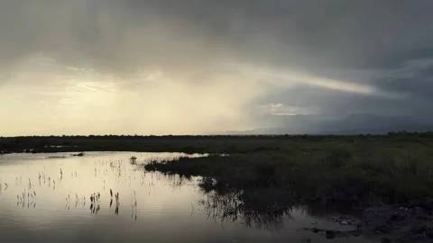 Golden Light Breaking Through Stormy Clouds Above Wetland Xinjiang China Stock Footage 339172208