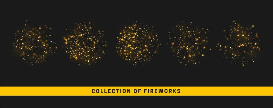 Golden light effect. Set festive gold fireworks isolated on black background Stock Illustration