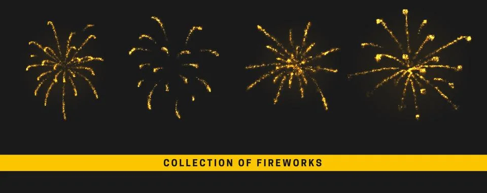 Golden light effect. Set festive gold fireworks isolated on black background Stock Illustration