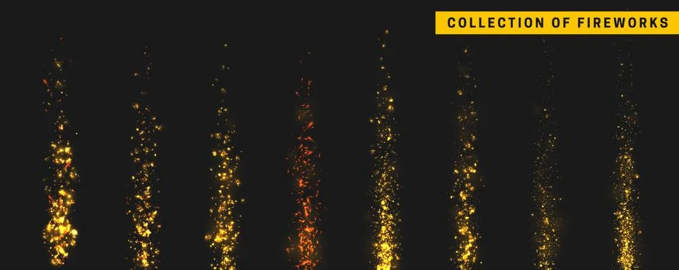 Golden light effect. Set festive gold fireworks isolated on black background Stock Illustration