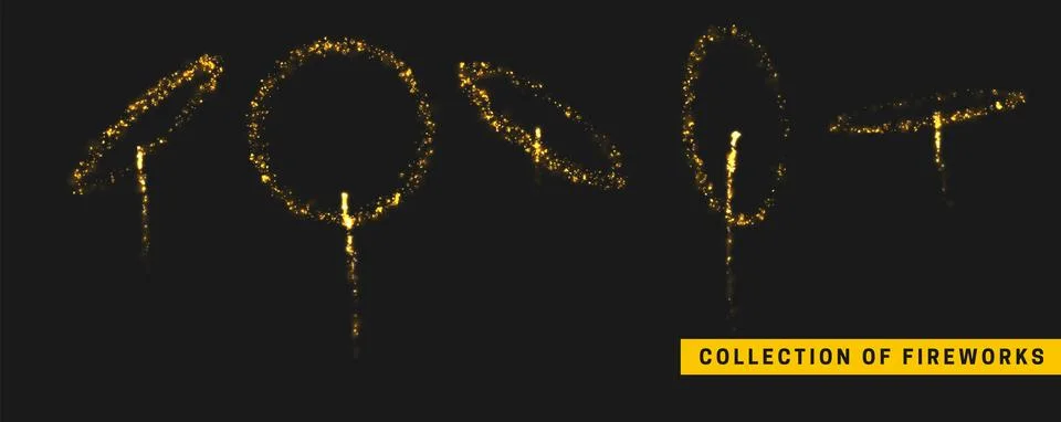 Golden light effect. Set festive gold fireworks isolated on black background Stock Illustration