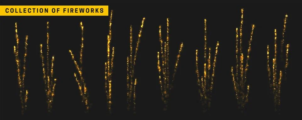 Golden light effect. Set festive gold fireworks isolated on black background Stock Illustration