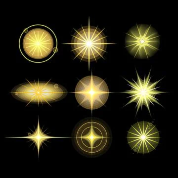 Golden light effects creating sparkling stars and lens flare Stock Illustration