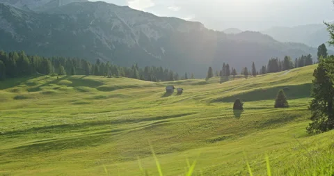 Golden light over Prato Piazza meadows in the Dolomites Stock Footage 340794375