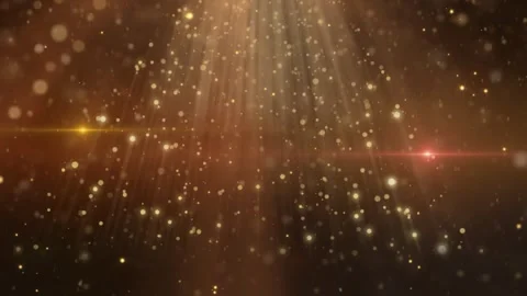 Golden light particles background. Abstract glowing dust floating in dark space. Vidéo 340381388