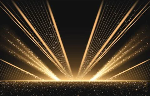 Golden light rays shining on black background Stock Illustration