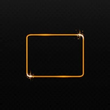 Golden light rectangle frame with sparkling stars isolated on black background Stock Illustration