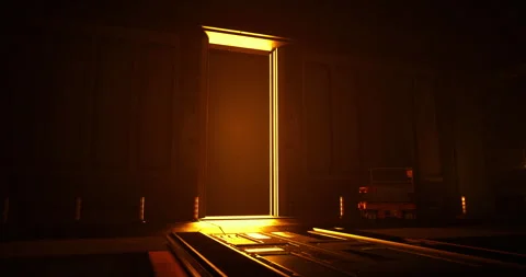 Golden light streaming through an open door in a darkened space Stock-Footage 304508295