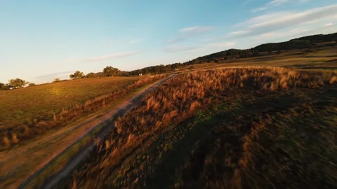 Golden light sweeps over rolling fields and calm water, Pego do Altar Reservoir Video stock 342172846