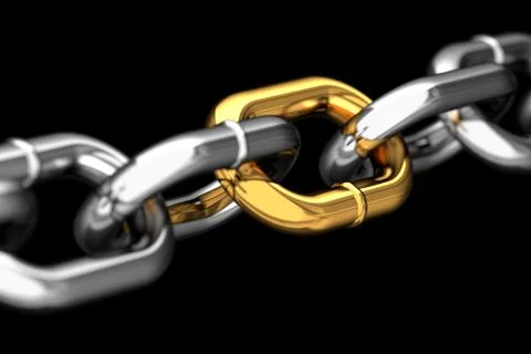 Golden link in a chain concept, 3D render Stock Illustration