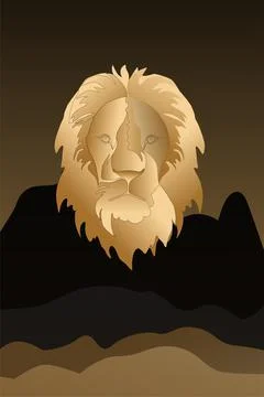 Golden lion portrait  on the background of the night desert landscape. Collec Stock Illustration