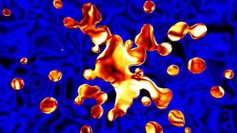 Golden Liquid Droplets Merging on Blue Fluid Background Non-Looping Video Cli Stock Footage 342811578