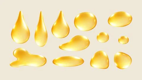 Golden Liquid Drops 3d Set Realistic Honey Oil drop Serum Glossy Vector Ele.. Ilustración de archivo