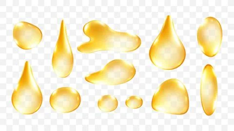 Golden Liquid Drops 3d Set Realistic Honey Oil drop Serum Glossy Vector Ele.. Stock Illustration