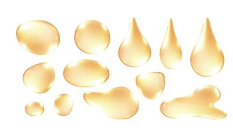 Golden Liquid Drops 3d Set Realistic Honey Oil drop Serum Glossy Vector Ele.. Stock Illustration