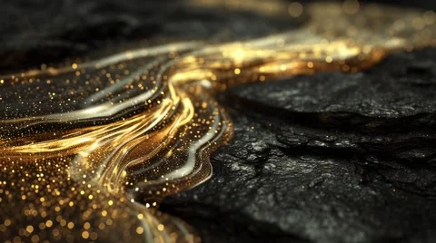 Golden liquid flows smoothly over black stone Stock Footage 314826262