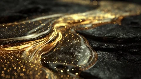 Golden liquid flows smoothly over black stone, creating a luxurious Video stock 314828399