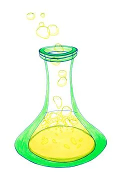 Golden liquid with flying bubbles bubbling in a bright green flask Stock Illustration